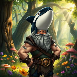 A whimsical portrait of a dwarf with the head of an orca, standing confidently in a magical forest