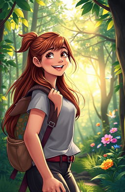 A vibrant and enchanting forest scene depicting Ana, a young woman with long, flowing hair, radiating excitement as she eagerly ventures into the woods