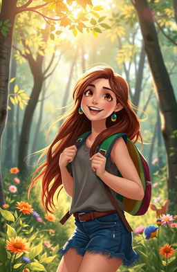 A vibrant and enchanting forest scene depicting Ana, a young woman with long, flowing hair, radiating excitement as she eagerly ventures into the woods