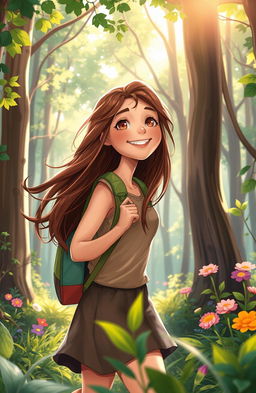 A vibrant and enchanting forest scene depicting Ana, a young woman with long, flowing hair, radiating excitement as she eagerly ventures into the woods