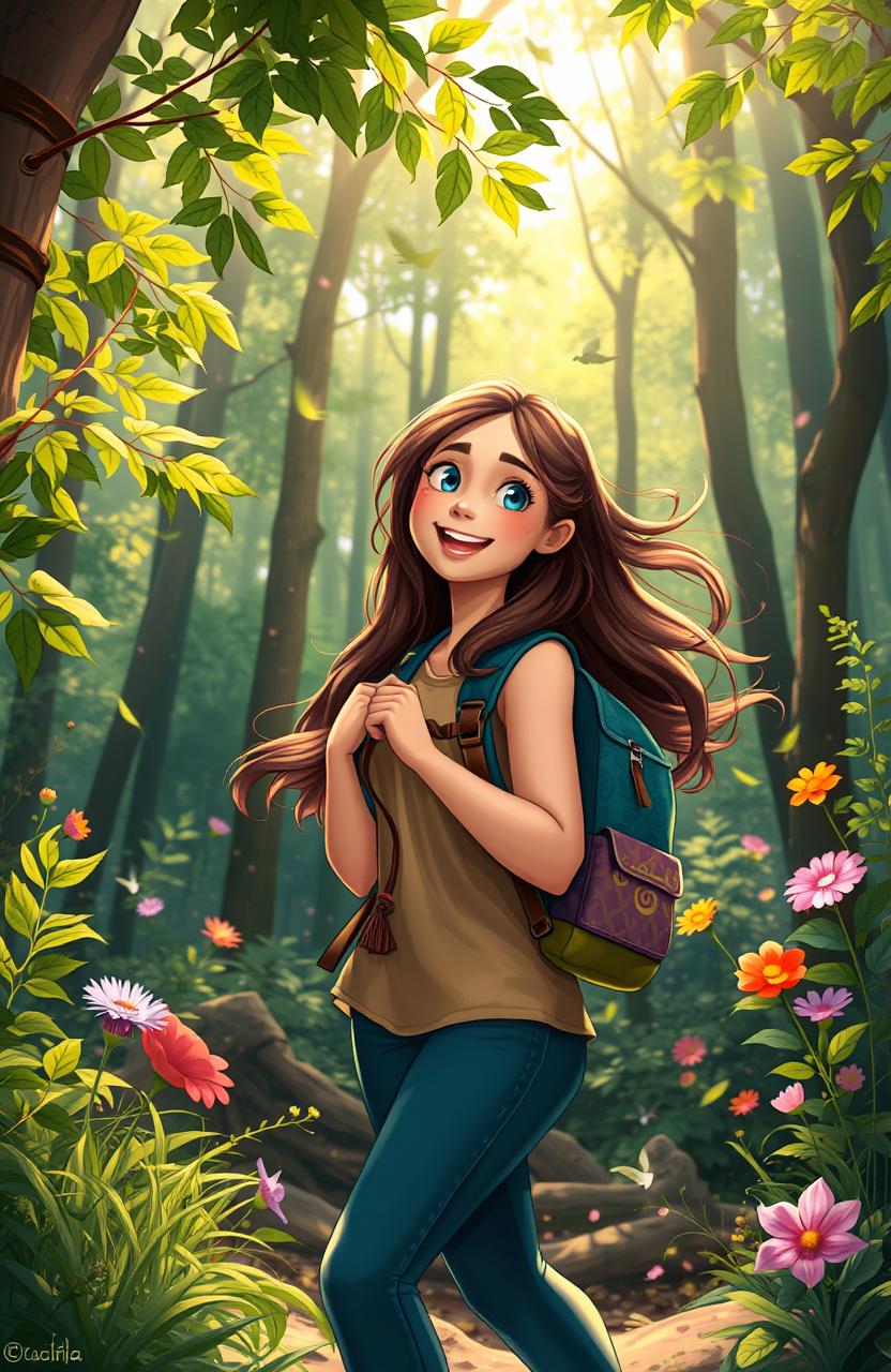 A vibrant and enchanting forest scene depicting Ana, a young woman with long, flowing hair, radiating excitement as she eagerly ventures into the woods