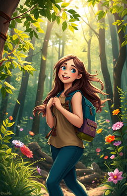 A vibrant and enchanting forest scene depicting Ana, a young woman with long, flowing hair, radiating excitement as she eagerly ventures into the woods