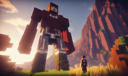 A cinematic photograph capturing a Titan from Attack on Titan entering the Minecraft universe, towering over the landscape with a Minecraft character standing in defiance