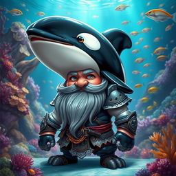 A whimsical depiction of a dwarf with the head of an orca whale, showcasing a vivid blend of human and marine elements