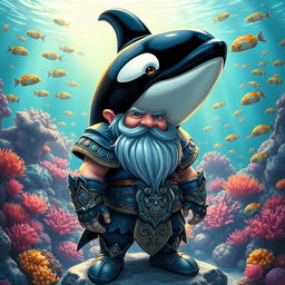 A whimsical depiction of a dwarf with the head of an orca whale, showcasing a vivid blend of human and marine elements