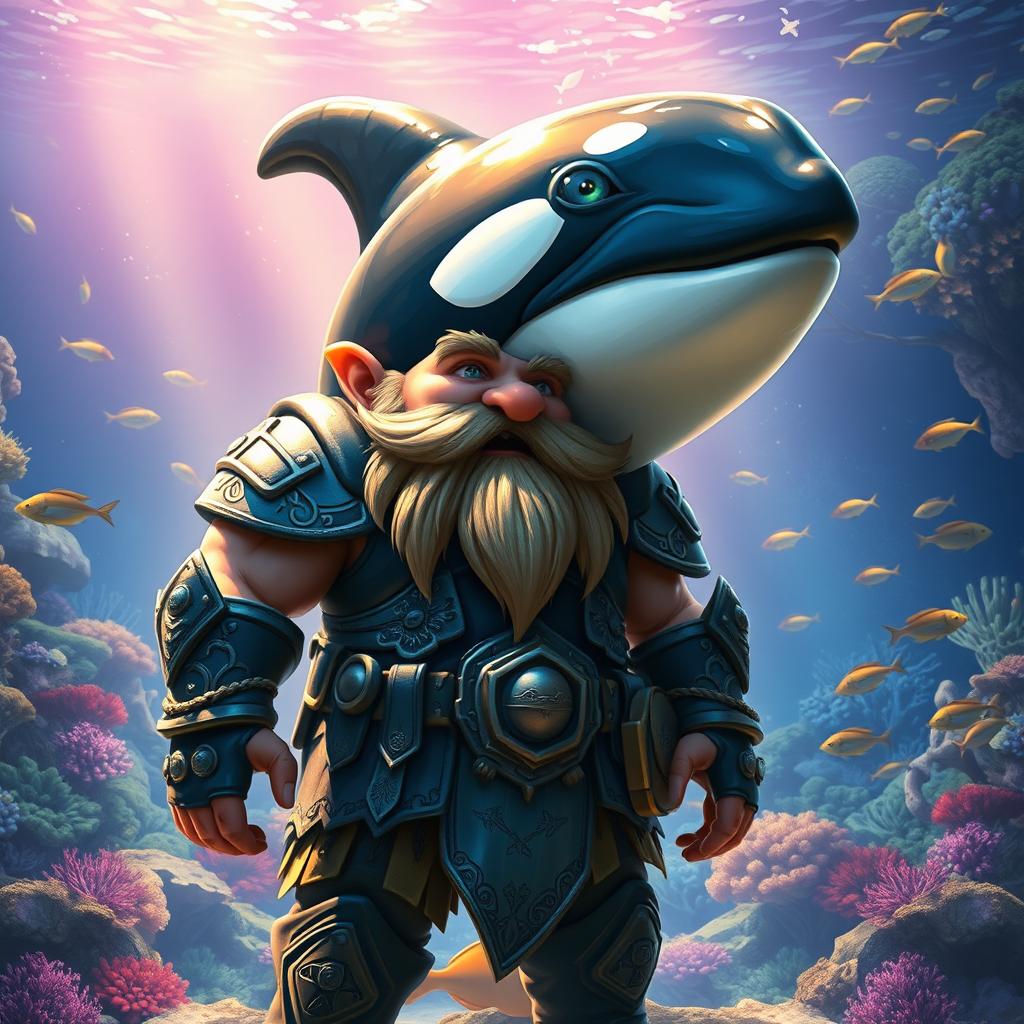 A whimsical depiction of a dwarf with the head of an orca whale, showcasing a vivid blend of human and marine elements