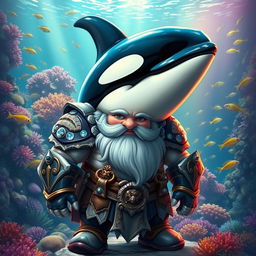 A whimsical depiction of a dwarf with the head of an orca whale, showcasing a vivid blend of human and marine elements