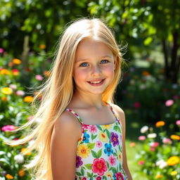 A glamorous portrait of a young blonde girl with long flowing hair, wearing a vibrant floral dress
