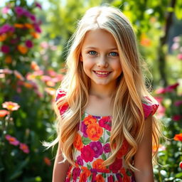 A glamorous portrait of a young blonde girl with long flowing hair, wearing a vibrant floral dress