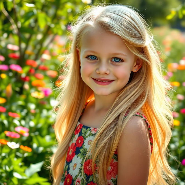 A glamorous portrait of a young blonde girl with long flowing hair, wearing a vibrant floral dress