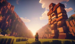 A cinematic photograph capturing a Titan from Attack on Titan entering the Minecraft universe, towering over the landscape with a Minecraft character standing in defiance