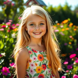 A glamorous portrait of a young blonde girl with long flowing hair, wearing a vibrant floral dress