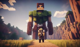 A cinematic photograph capturing a Titan from Attack on Titan entering the Minecraft universe, towering over the landscape with a Minecraft character standing in defiance