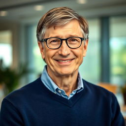 Portrait of Bill Gates, the Microsoft founder, wearing his signature casual business attire with round glasses and a gentle smile