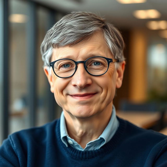 Portrait of Bill Gates, the Microsoft founder, wearing his signature casual business attire with round glasses and a gentle smile