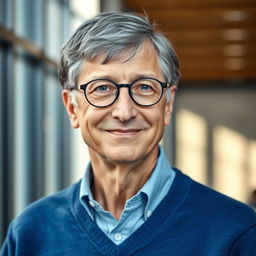 Portrait of Bill Gates, the Microsoft founder, wearing his signature casual business attire with round glasses and a gentle smile
