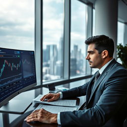 A confident and focused businessman analyzing financial charts and graphs on a computer screen in a modern office setting