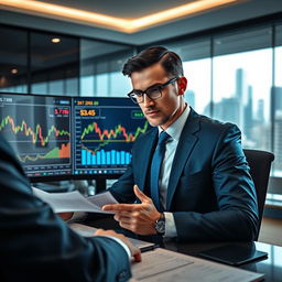 A confident and focused businessman analyzing financial charts and graphs on a computer screen in a modern office setting