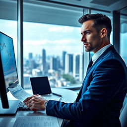 A confident and focused businessman analyzing financial charts and graphs on a computer screen in a modern office setting