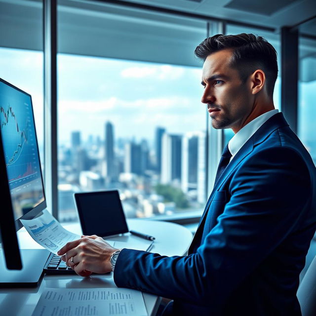 A confident and focused businessman analyzing financial charts and graphs on a computer screen in a modern office setting