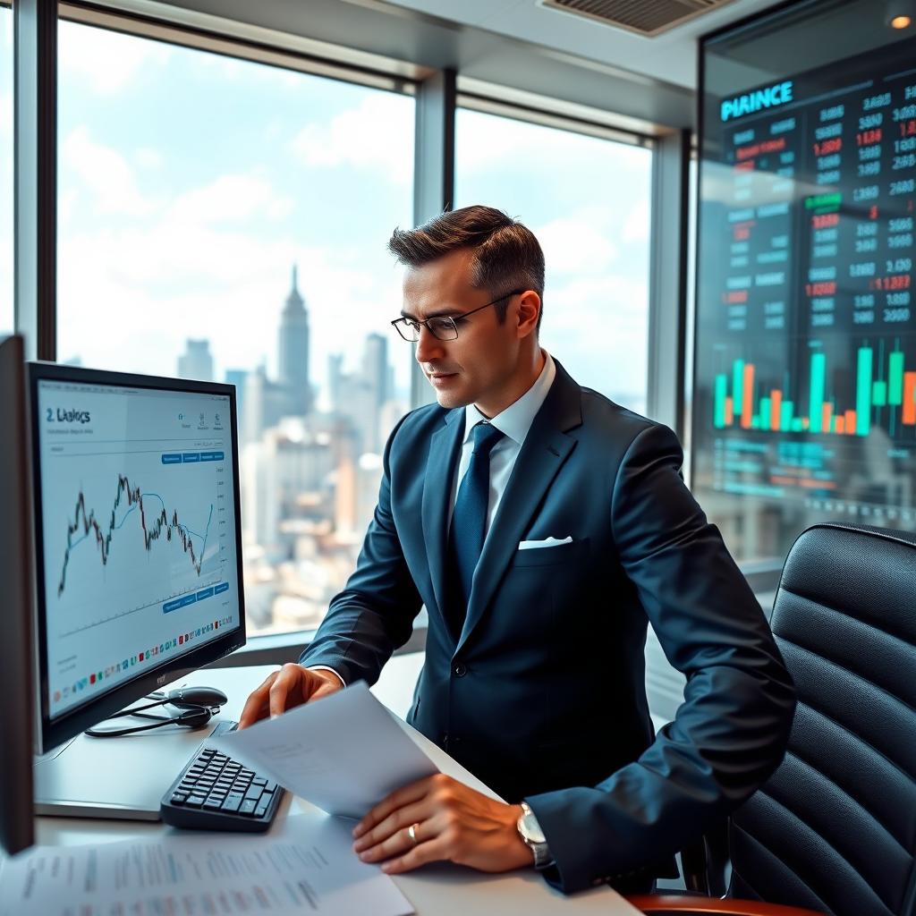 A confident and focused businessman analyzing financial charts and graphs on a computer screen in a modern office setting