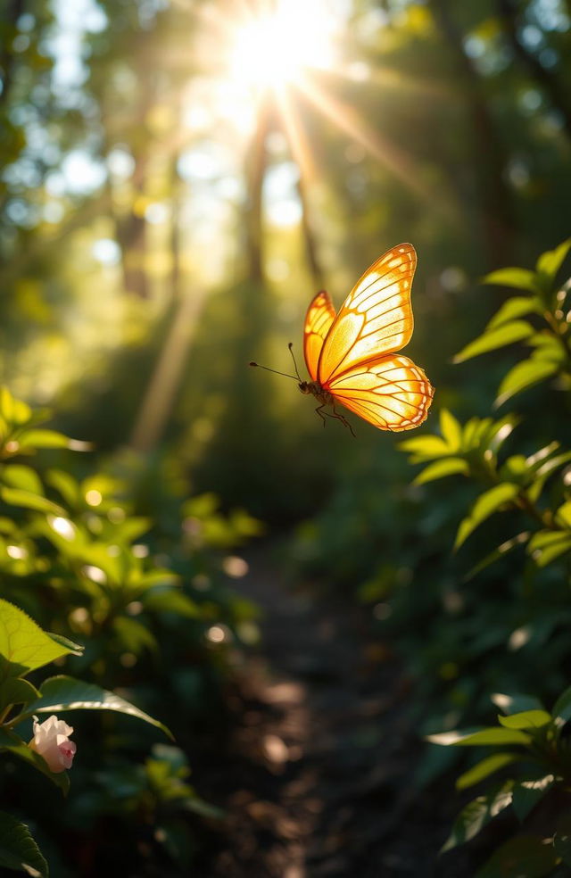 A beautiful golden butterfly with shimmering wings, fluttering gracefully in a sunlit forest path