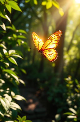 A beautiful golden butterfly with shimmering wings, fluttering gracefully in a sunlit forest path