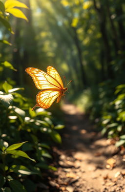 A beautiful golden butterfly with shimmering wings, fluttering gracefully in a sunlit forest path