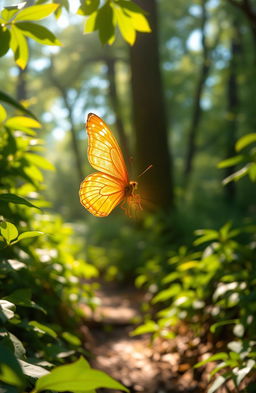A beautiful golden butterfly with shimmering wings, fluttering gracefully in a sunlit forest path