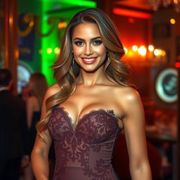 A stunning young woman resembling an actress in a sexy dress that enhances her elegance