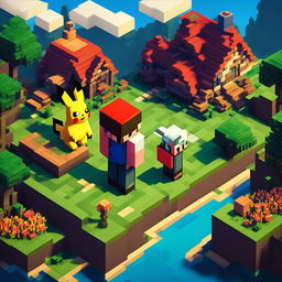 A Minecraft rendition of Pokemon Red's world with the protagonist in Pallet Town holding a Pokeball and Pikachu by his side