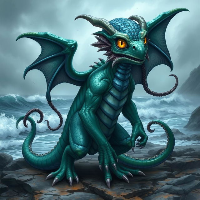 A dragonborn character with distinct Kraken features, including tentacles extending from their back, vibrant green and blue scales that shimmer like the ocean, large, expressive eyes resembling those of a cephalopod, and a strong, muscular build