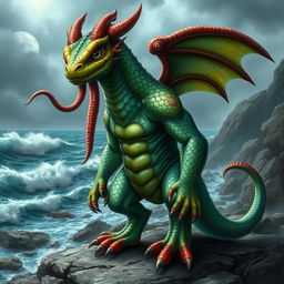 A dragonborn character with distinct Kraken features, including tentacles extending from their back, vibrant green and blue scales that shimmer like the ocean, large, expressive eyes resembling those of a cephalopod, and a strong, muscular build