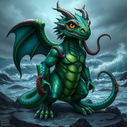 A dragonborn character with distinct Kraken features, including tentacles extending from their back, vibrant green and blue scales that shimmer like the ocean, large, expressive eyes resembling those of a cephalopod, and a strong, muscular build