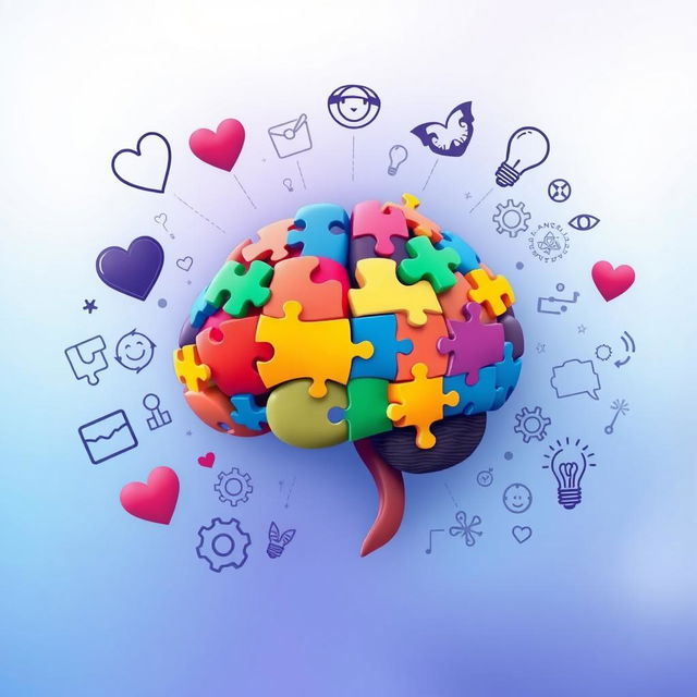 An artistic representation of a psychology concept, featuring a brain composed of colorful puzzle pieces symbolizing different mental states and emotions