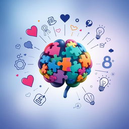 An artistic representation of a psychology concept, featuring a brain composed of colorful puzzle pieces symbolizing different mental states and emotions