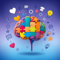 An artistic representation of a psychology concept, featuring a brain composed of colorful puzzle pieces symbolizing different mental states and emotions