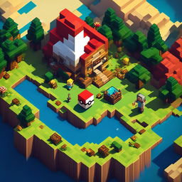 A Minecraft rendition of Pokemon Red's world with the protagonist in Pallet Town holding a Pokeball and Pikachu by his side