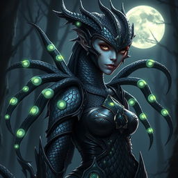 A female Dragonborn with glossy black scales, featuring intricate patterns of iridescent colors flowing along her body