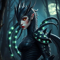 A female Dragonborn with glossy black scales, featuring intricate patterns of iridescent colors flowing along her body
