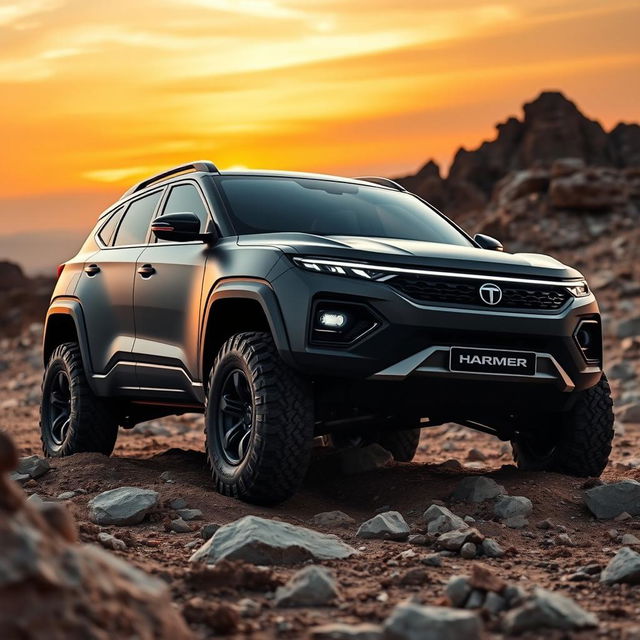 A sleek and powerful Tata Harrier off-road concept vehicle, featuring an aggressive design with rugged body cladding, elevated ground clearance, and oversized all-terrain tires