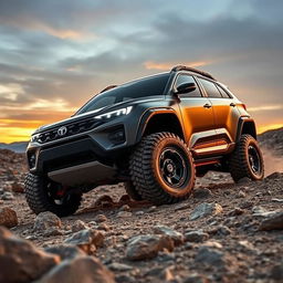 A sleek and powerful Tata Harrier off-road concept vehicle, featuring an aggressive design with rugged body cladding, elevated ground clearance, and oversized all-terrain tires