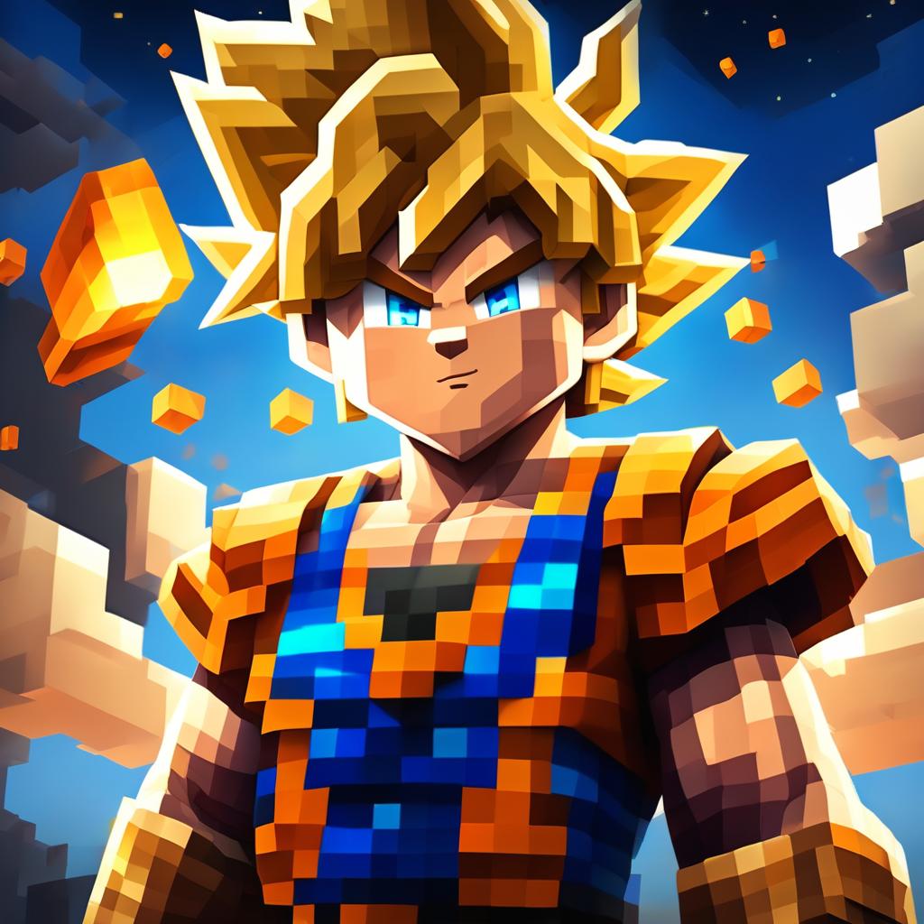 A cinematic Minecraft portrait of Goku from Dragon Ball Z