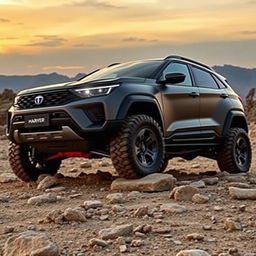 A sleek and powerful Tata Harrier off-road concept vehicle, featuring an aggressive design with rugged body cladding, elevated ground clearance, and oversized all-terrain tires