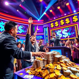 A dynamic and exciting scene from a money-themed game show, featuring a brightly lit stage with colorful lights and big screens displaying dollar signs and prizes