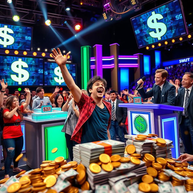 A dynamic and exciting scene from a money-themed game show, featuring a brightly lit stage with colorful lights and big screens displaying dollar signs and prizes