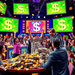 A dynamic and exciting scene from a money-themed game show, featuring a brightly lit stage with colorful lights and big screens displaying dollar signs and prizes