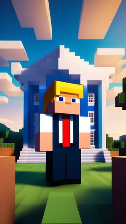 Donald Trump as a Minecraft character standing in front of a blocky recreation of the White House under a gradient blue sky.