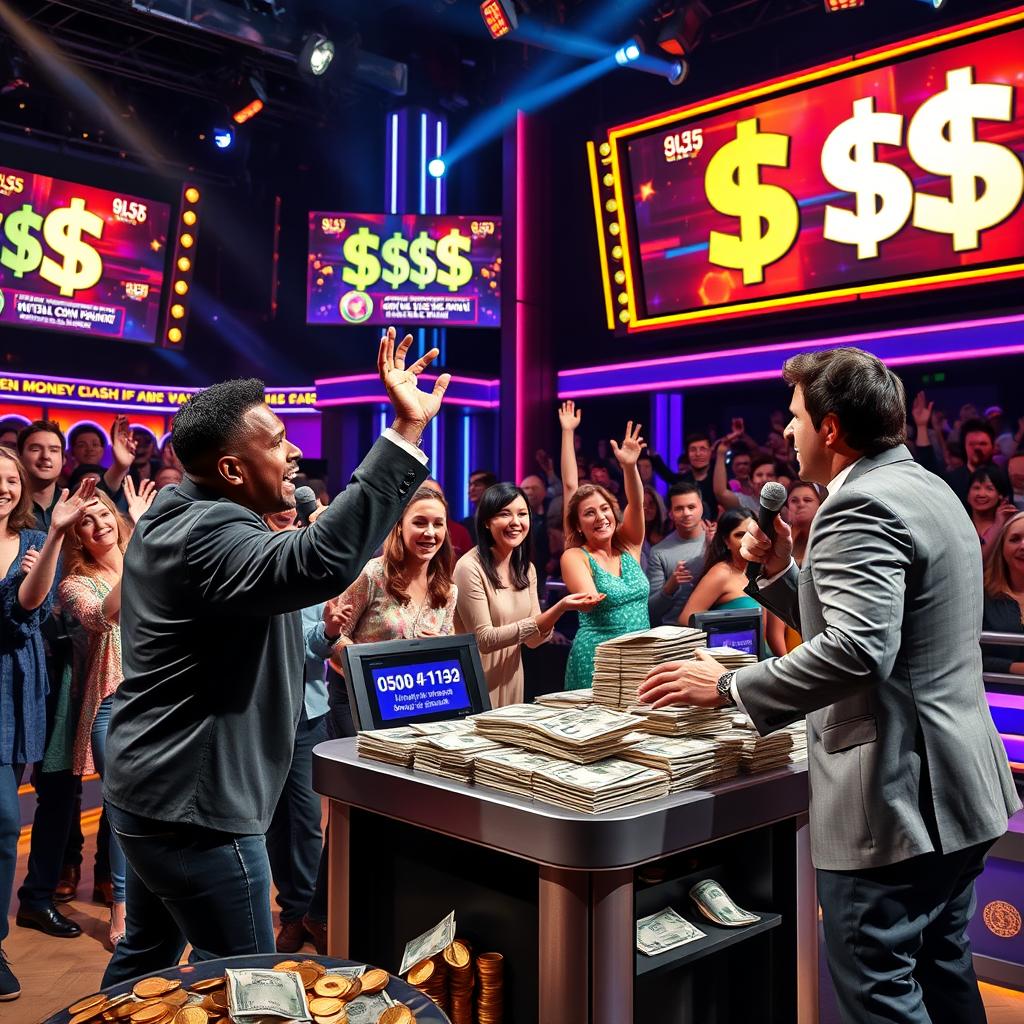 A dynamic and exciting scene from a money-themed game show, featuring a brightly lit stage with colorful lights and big screens displaying dollar signs and prizes