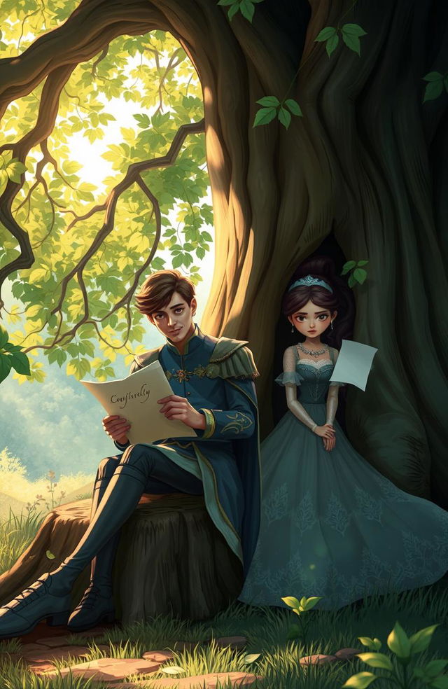 A whimsical scene depicting a prince and a princess who secretly exchange letters, hidden by a grand, ancient oak tree